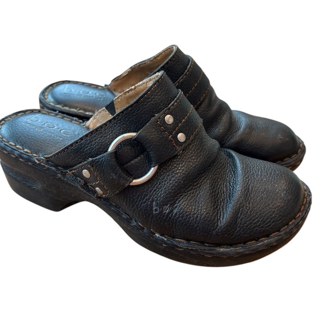 b.o.c. Leather Clog Shoes Black Silver Heeled Mules Size 6